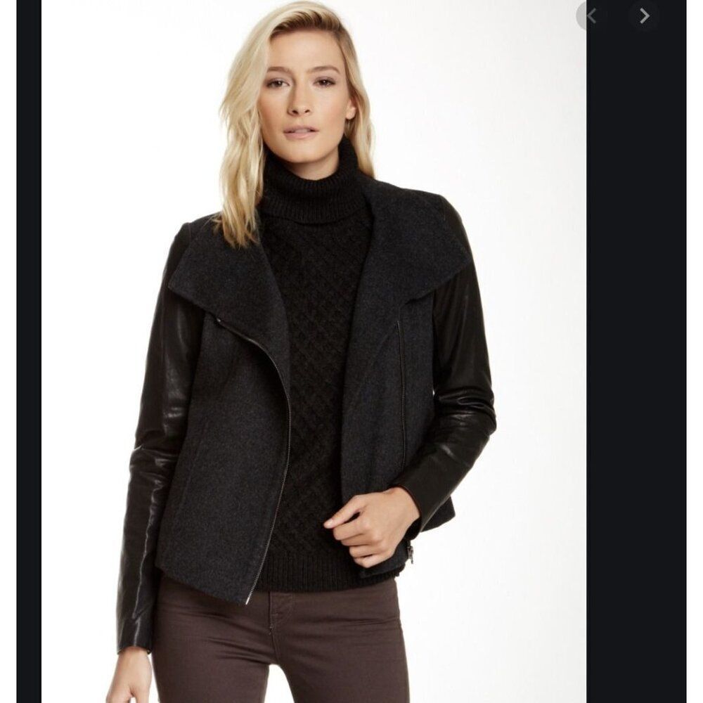 Vince Womens Contrast Leather and Wool‎ Blend Jacket in Heather Charcoal Small